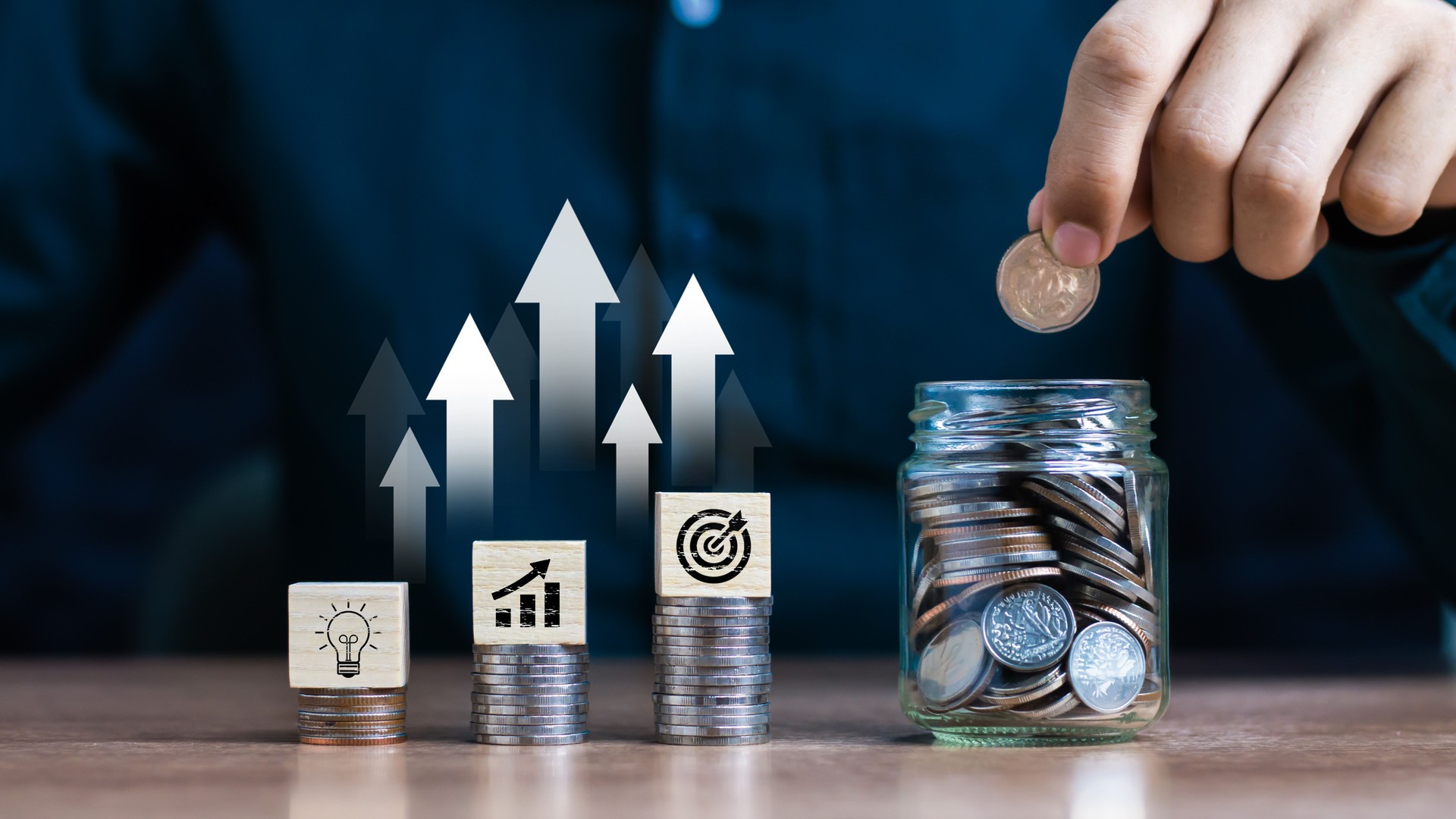 Successful career takeoff. Profitable investment, business concept. Businessman using tablet analyzing sales data and economic growth graph chart. Business strategy. Abstract icon. Digital marketing.