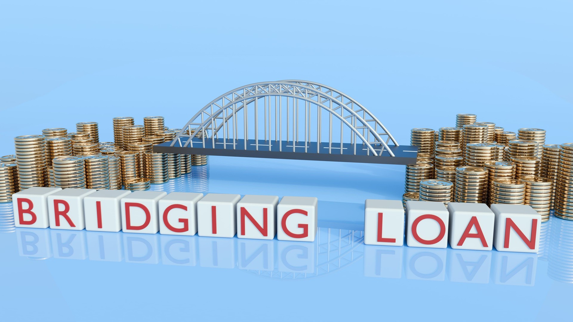 An arched bridge with the words "BRIDGING LOAN" and gold coins